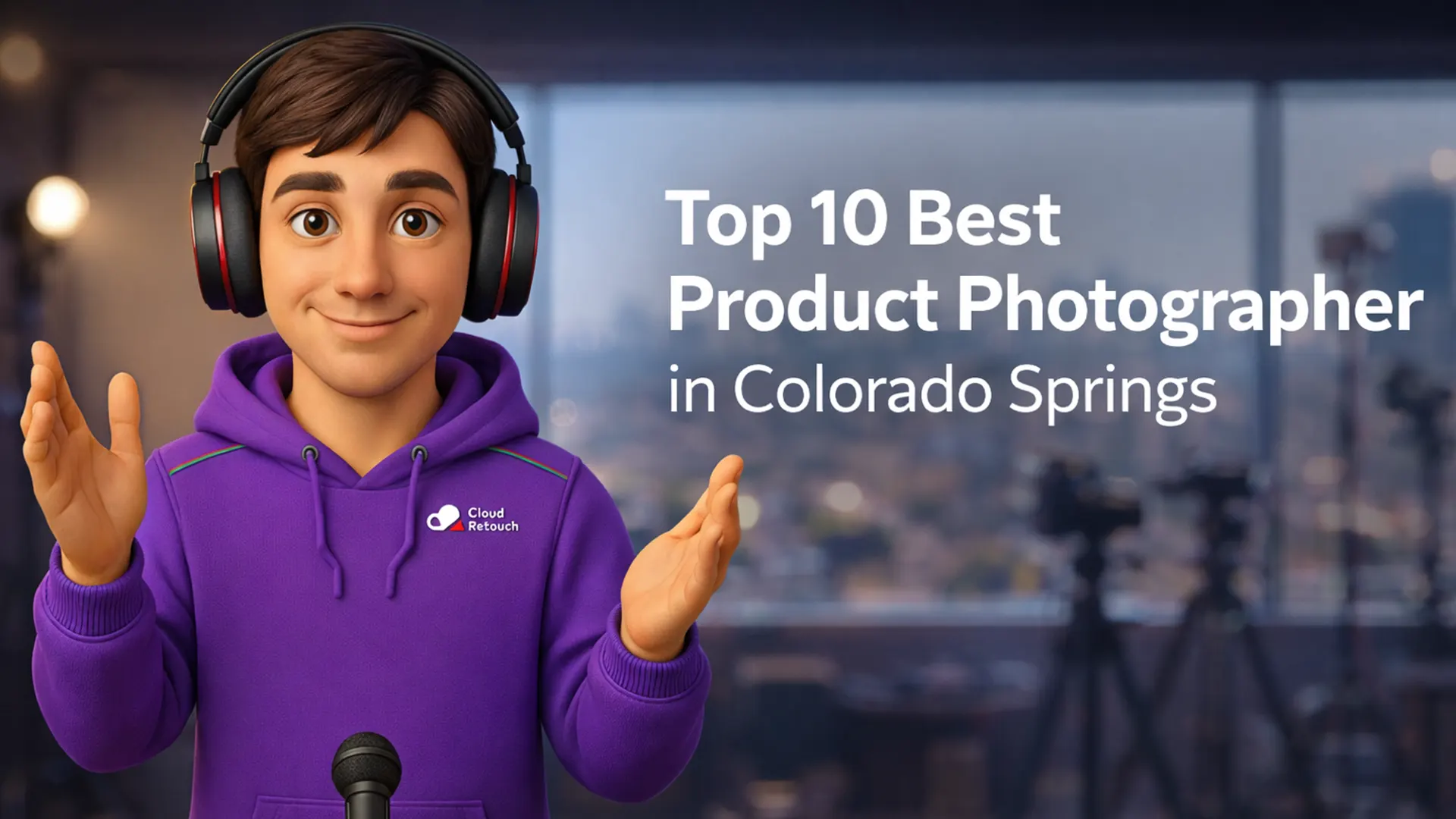 3D character in purple hoodie and headphones in a Colorado Springs photography studio setting.