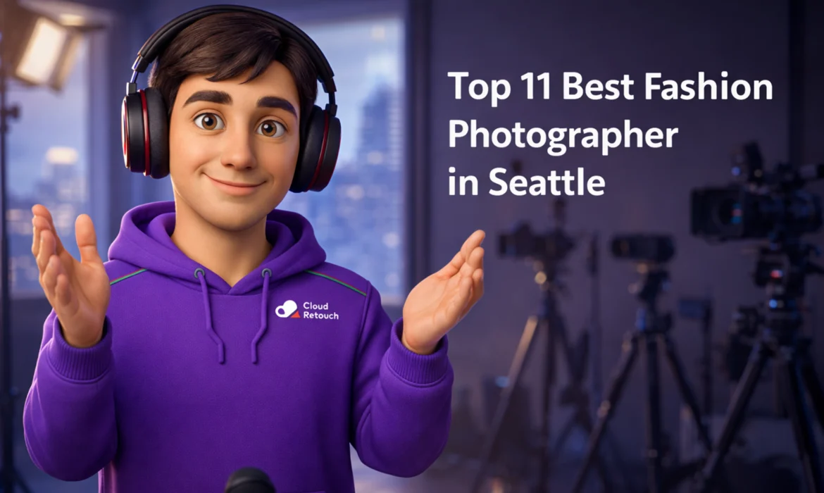 3D CloudRetouch character in a Seattle studio wearing a purple hoodie and headphones. Fashion Photographer