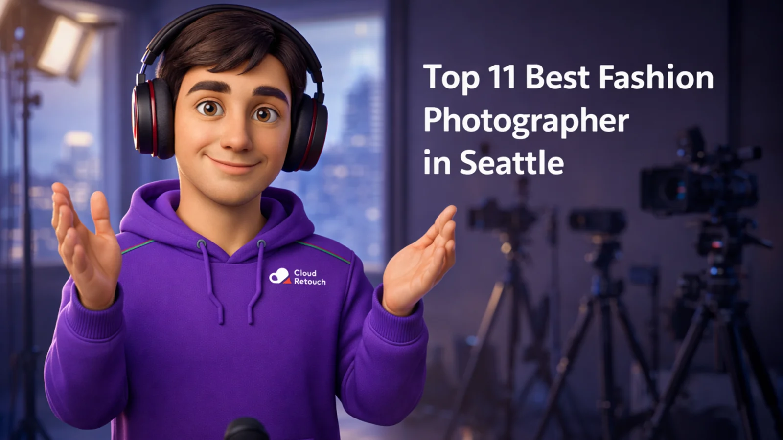 3D CloudRetouch character in a Seattle studio wearing a purple hoodie and headphones. Fashion Photographer