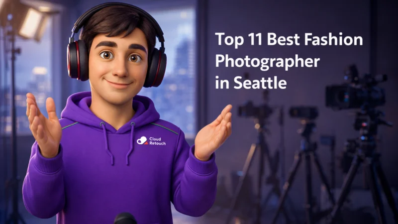 3D CloudRetouch character in a Seattle studio wearing a purple hoodie and headphones. Fashion Photographer