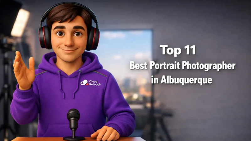 3D CloudRetouch character in a purple hoodie holding headphones in an Albuquerque photography studio