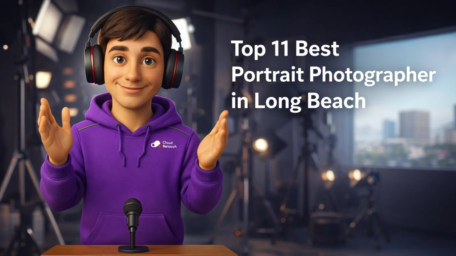 3D character in purple CloudRetouch hoodie and headphones smiling in a Long Beach photography studio setting.