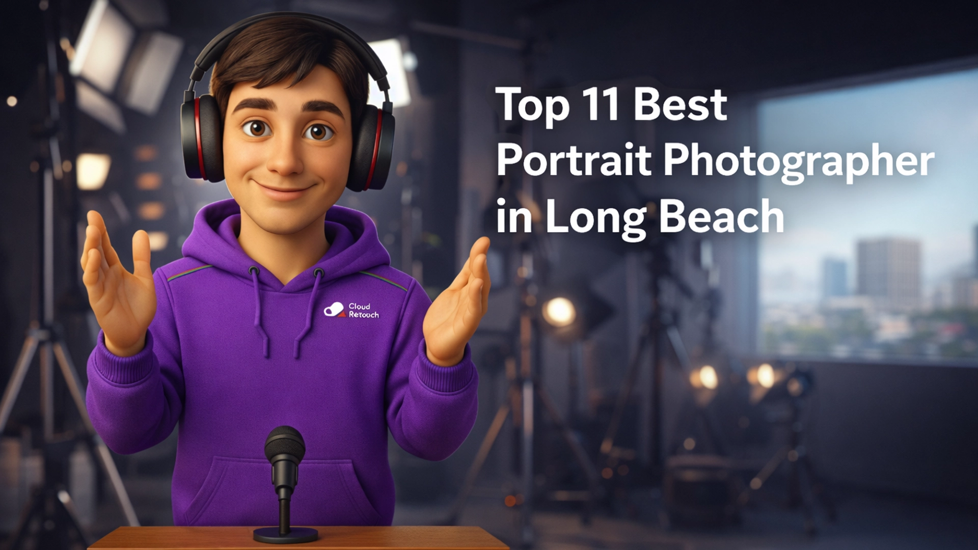 3D character in purple CloudRetouch hoodie and headphones smiling in a Long Beach photography studio setting.
