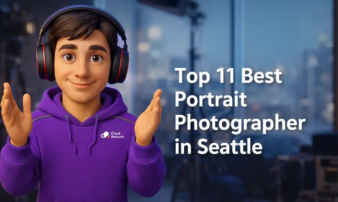 A 3D Pixar-style male character wearing a purple CloudRetouch hoodie and headphones in a Seattle photography studio.