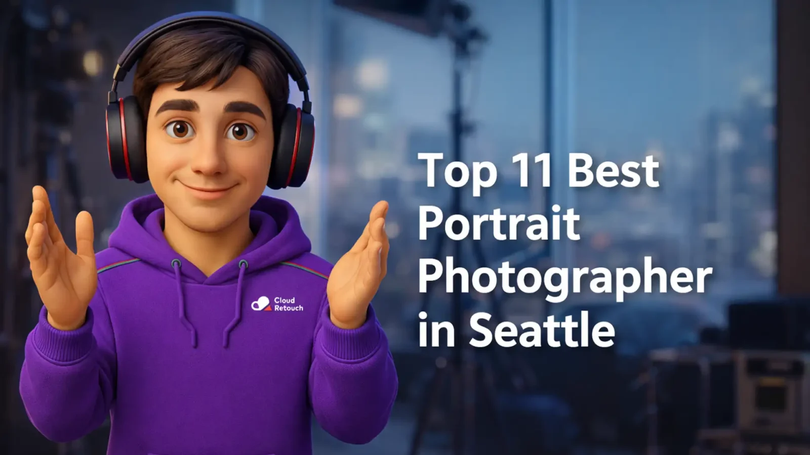 A 3D Pixar-style male character wearing a purple CloudRetouch hoodie and headphones in a Seattle photography studio.