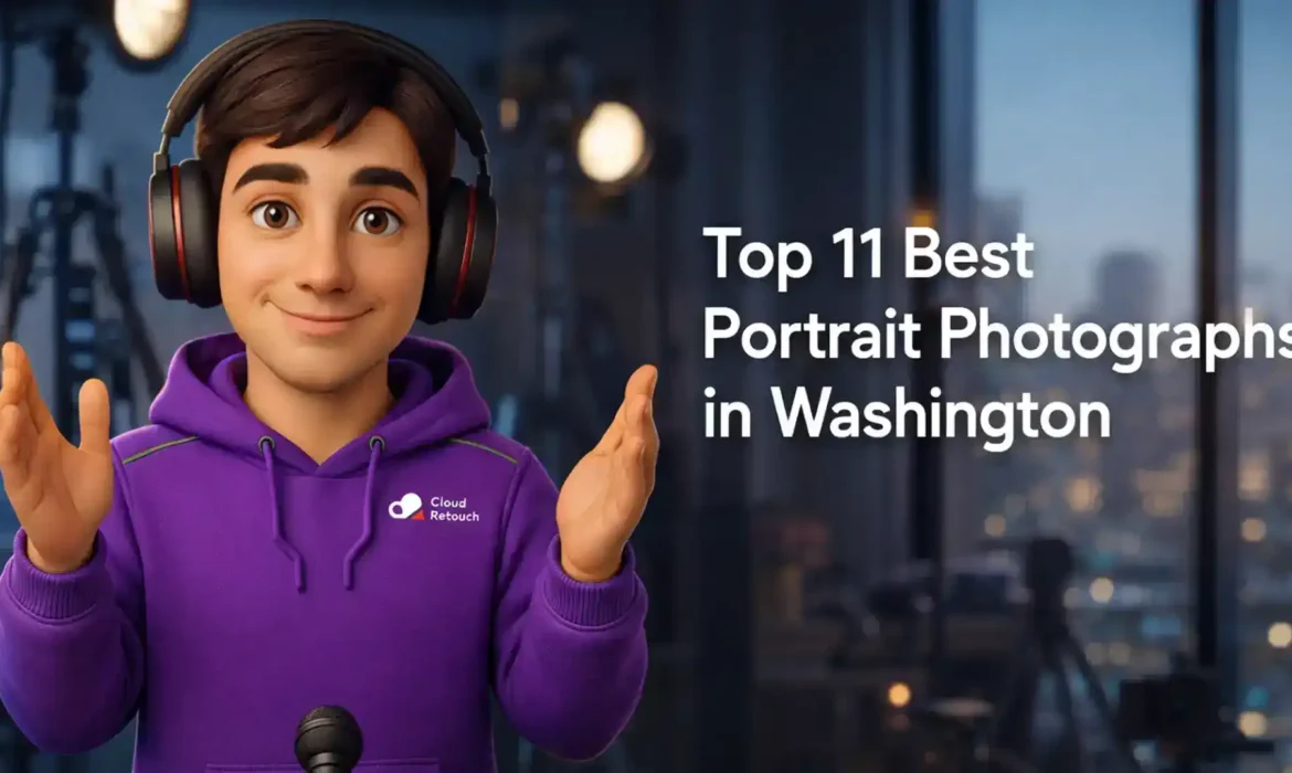 3D character in purple hoodie and headphones standing in a Washington photography studio