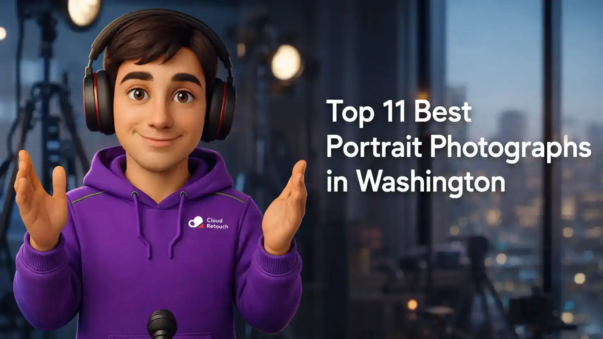 3D character in purple hoodie and headphones standing in a Washington photography studio