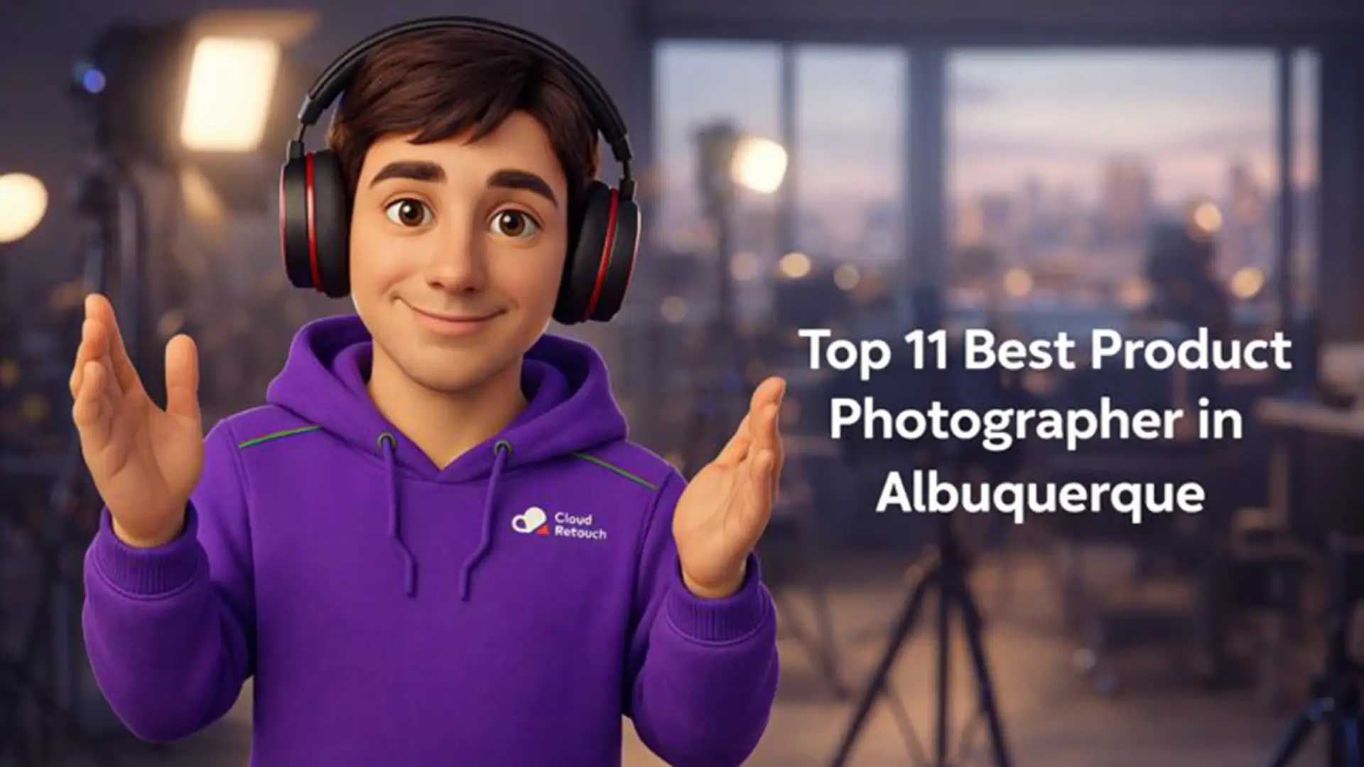 3D CloudRetouch character in a photography studio in Albuquerque with text Top 11 Best Product Photographer in Albuquerque