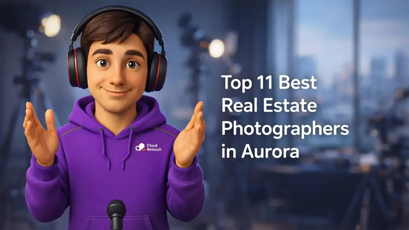 3D character wearing a CloudRetouch hoodie and headphones standing in a studio in Aurora with text overlay Top 11 Best Real Estate Photographer in Aurora