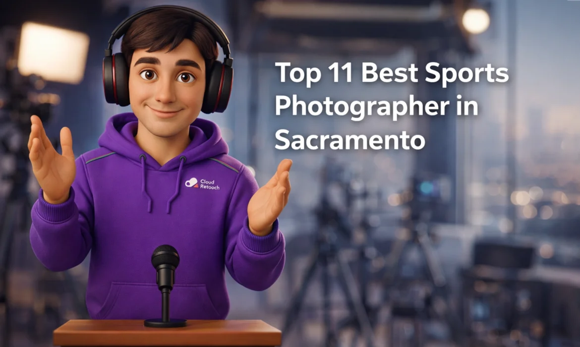 CloudRetouch 3D character wearing headphones and purple hoodie in a Sacramento photography studio