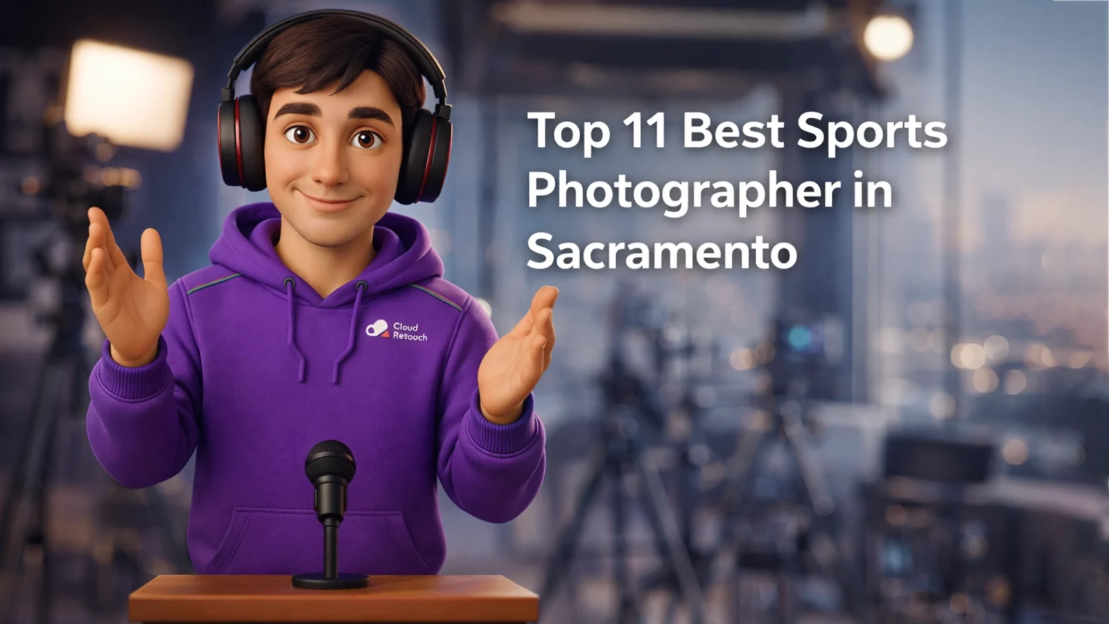 CloudRetouch 3D character wearing headphones and purple hoodie in a Sacramento photography studio