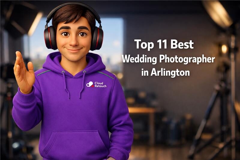 3D CloudRetouch character in a purple hoodie and headphones smiling in a professional Arlington photography studio setting