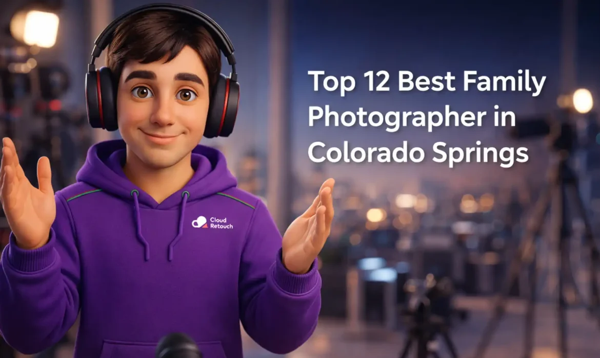 CloudRetouch character in a Colorado Springs studio with headphones and purple hoodie preparing for a photo edit session