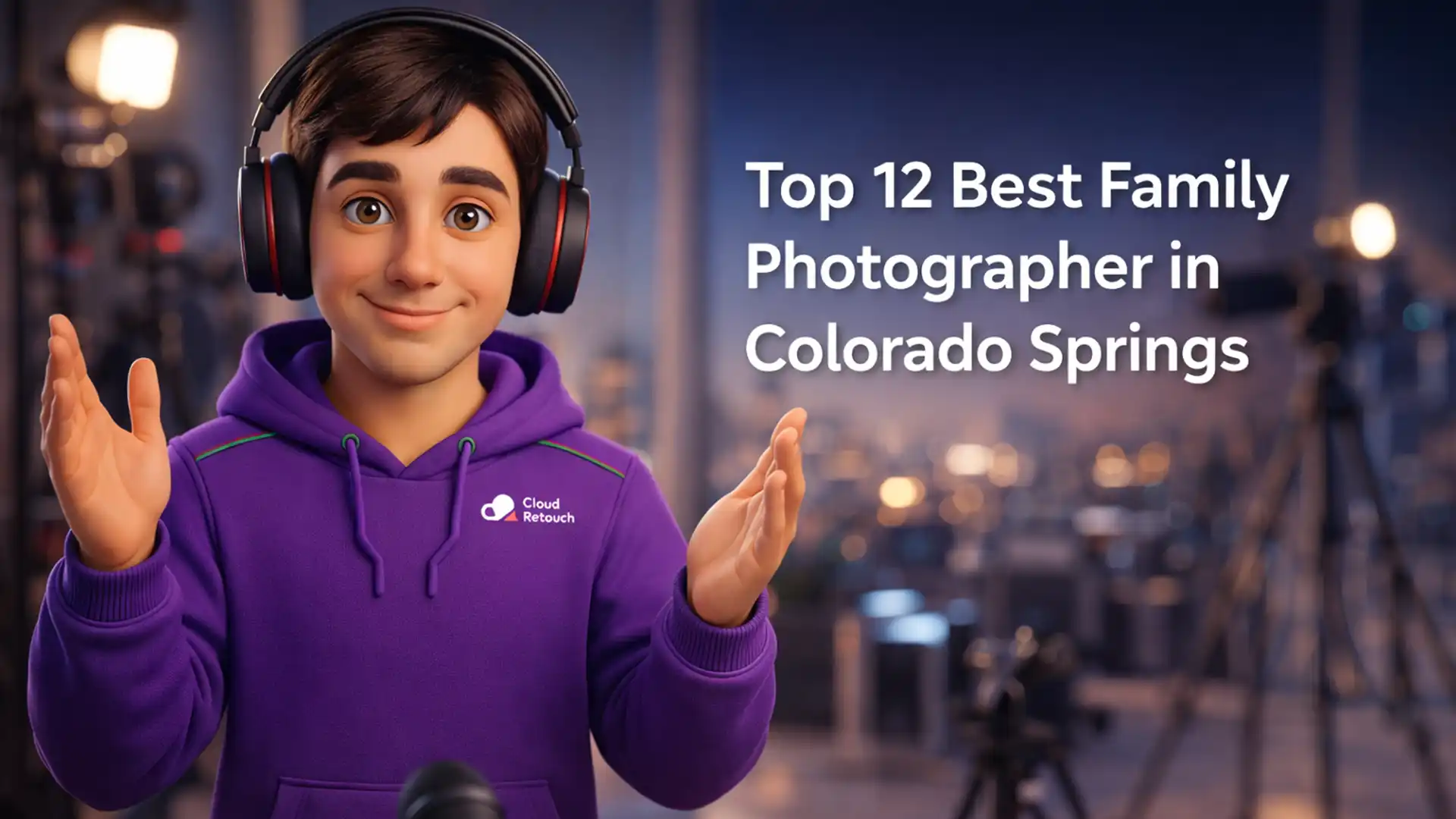 CloudRetouch character in a Colorado Springs studio with headphones and purple hoodie preparing for a photo edit session