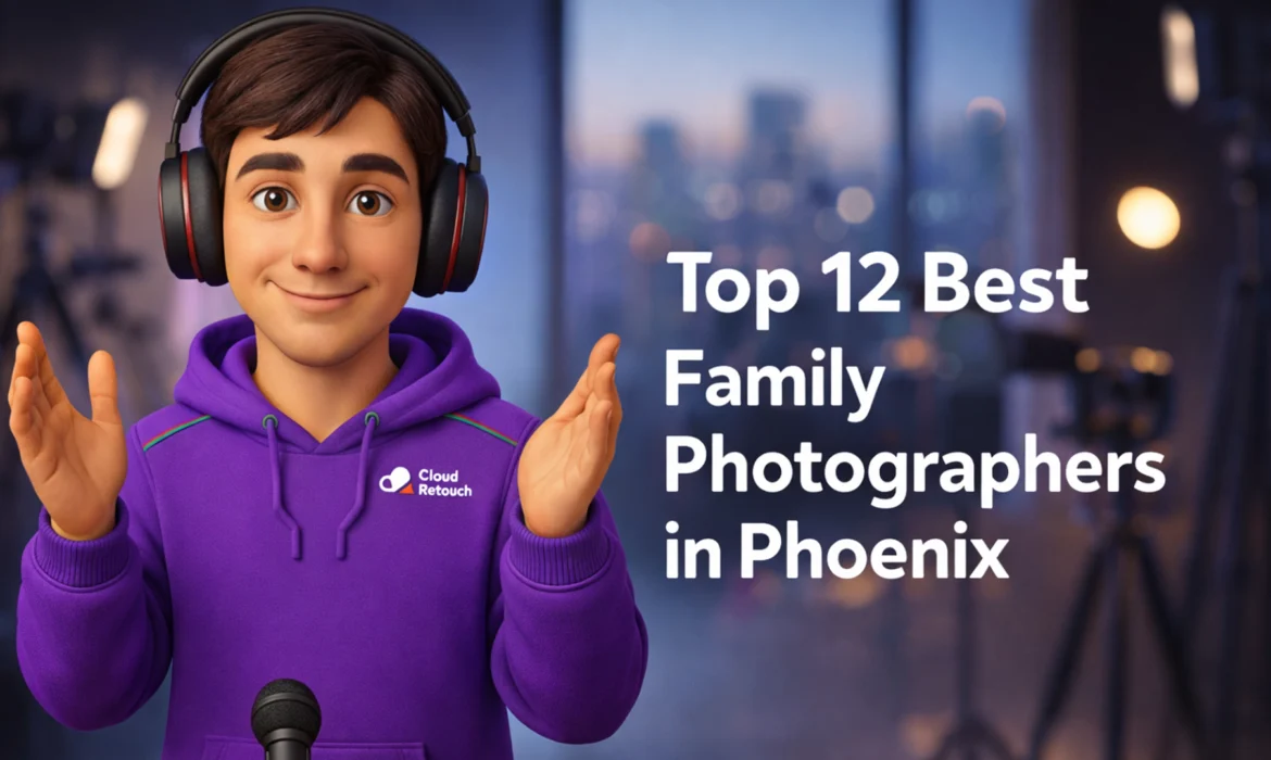 3D Pixar-style character wearing a purple CloudRetouch hoodie and headphones in a Phoenix photography studio setting