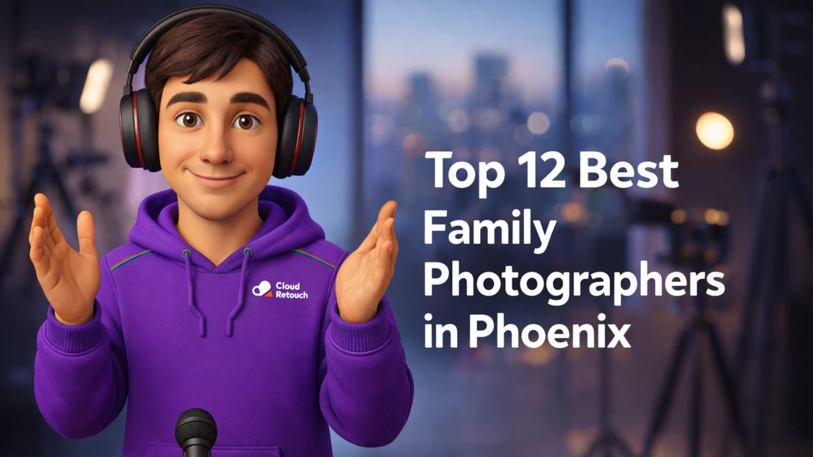 3D Pixar-style character wearing a purple CloudRetouch hoodie and headphones in a Phoenix photography studio setting