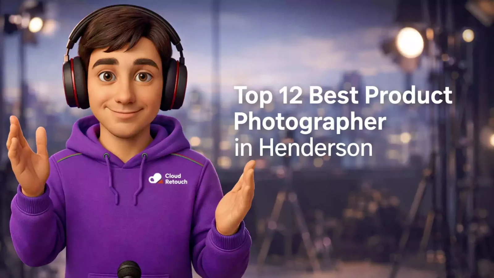 3D CloudRetouch character in a Henderson studio with photography gear.