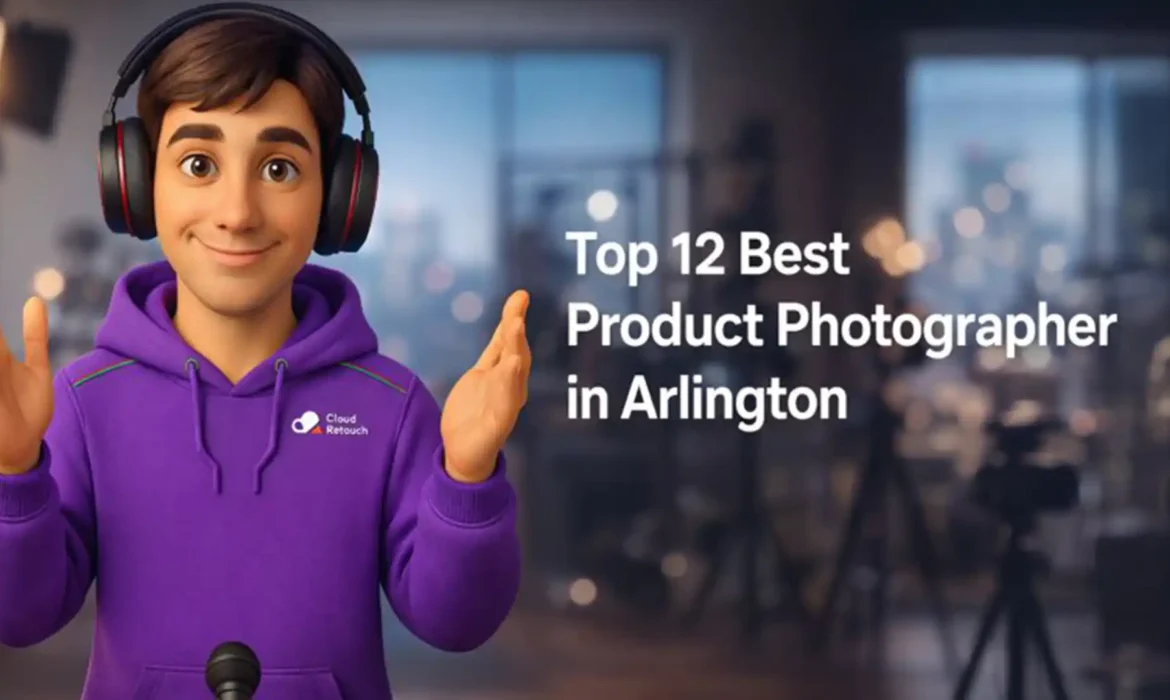 3D CloudRetouch character in a purple hoodie and headphones standing in an Arlington photography studio