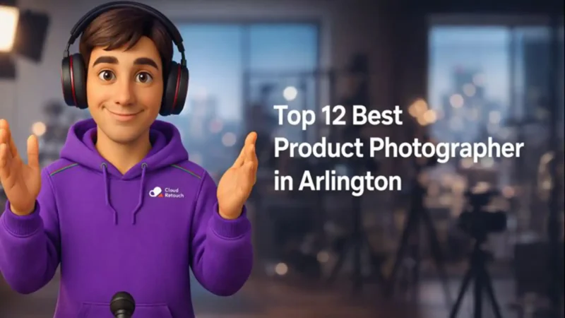 3D CloudRetouch character in a purple hoodie and headphones standing in an Arlington photography studio