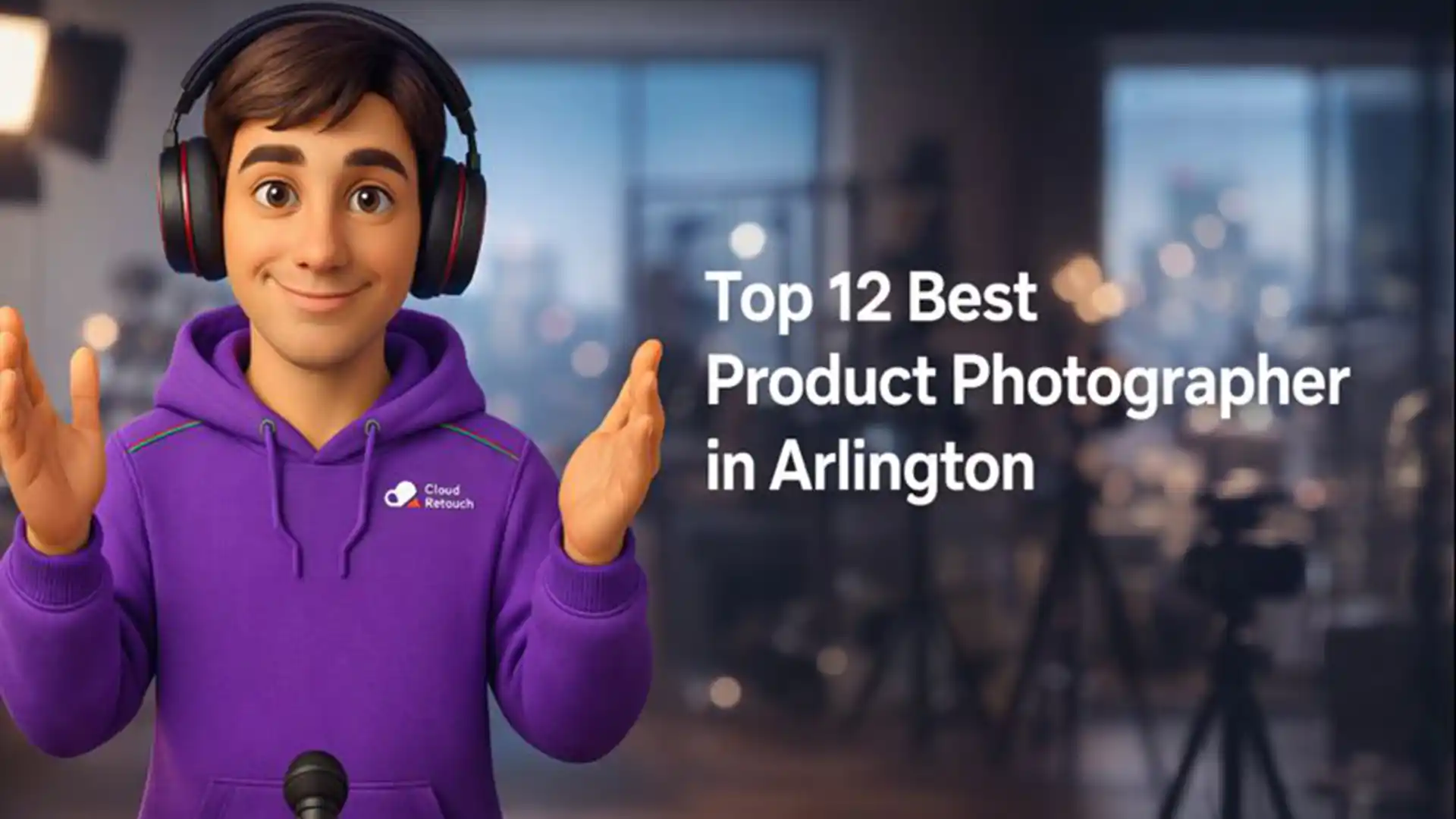 3D CloudRetouch character in a purple hoodie and headphones standing in an Arlington photography studio