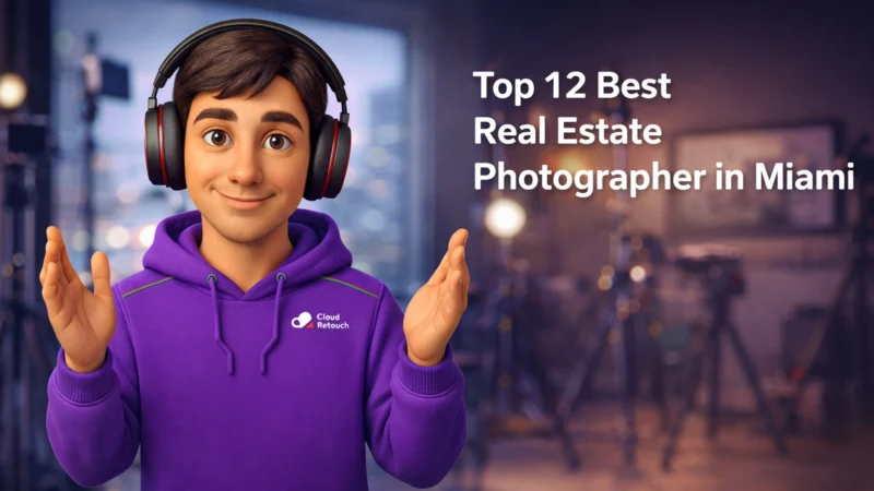 3D Pixar-style character in purple CloudRetouch hoodie holding a camera in a Miami studio setting.