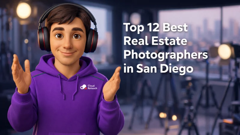 3D character in purple hoodie with headphones standing in a San Diego studio with photography gear