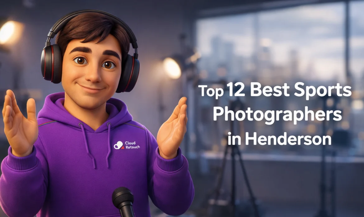 3D Pixar-style male character in a purple CloudRetouch hoodie and headphones standing in a Henderson studio with photography gear.