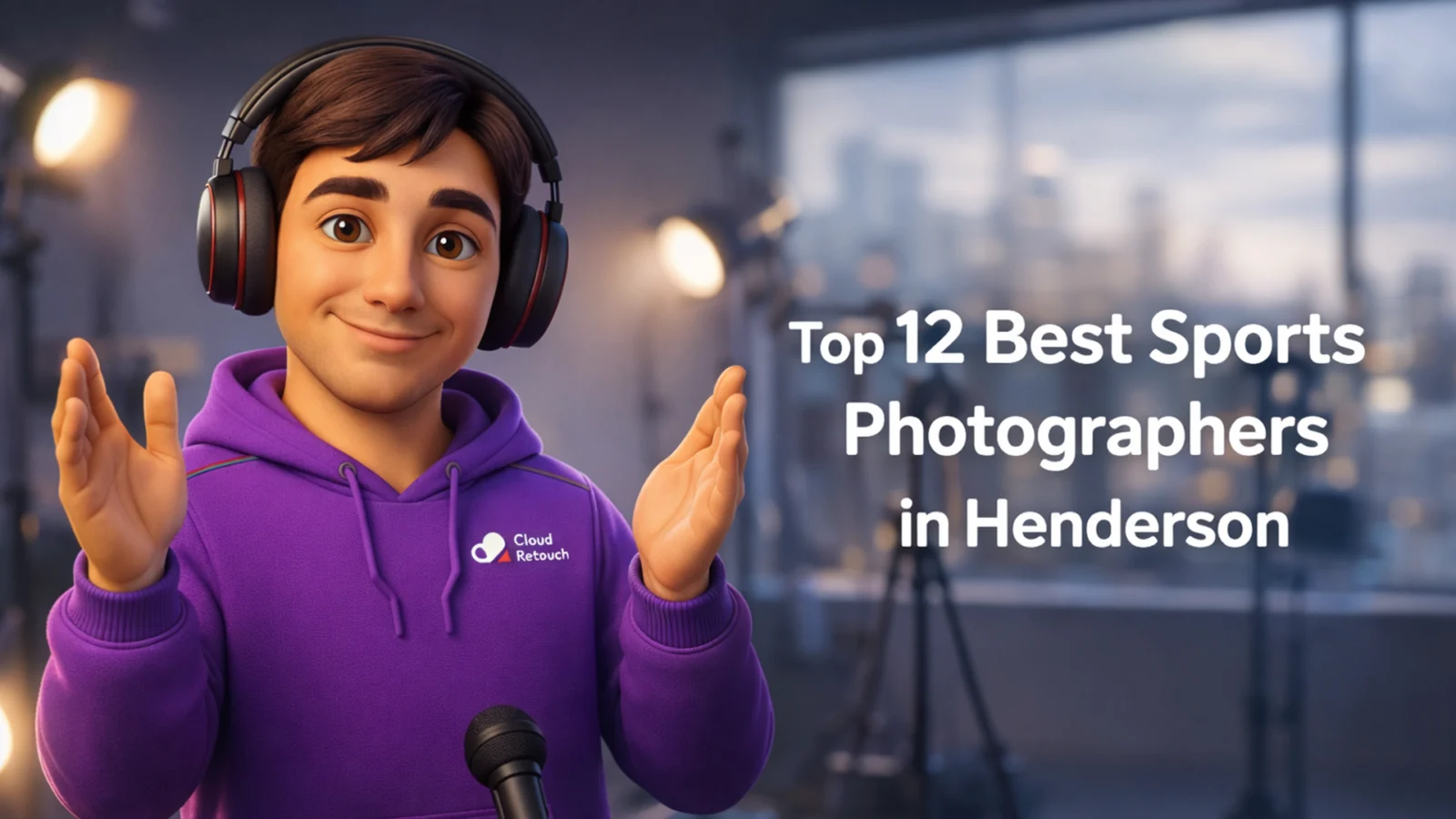 3D Pixar-style male character in a purple CloudRetouch hoodie and headphones standing in a Henderson studio with photography gear.
