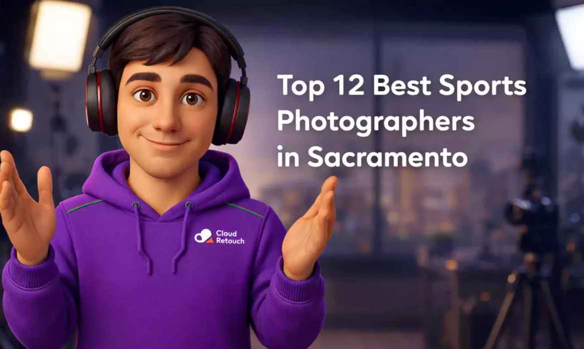 3D character in purple CloudRetouch hoodie and headphones in a Sacramento studio with text Top 12 Best Sports Photographer in Sacramento