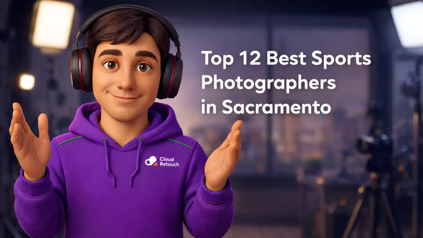 3D character in purple CloudRetouch hoodie and headphones in a Sacramento studio with text Top 12 Best Sports Photographer in Sacramento