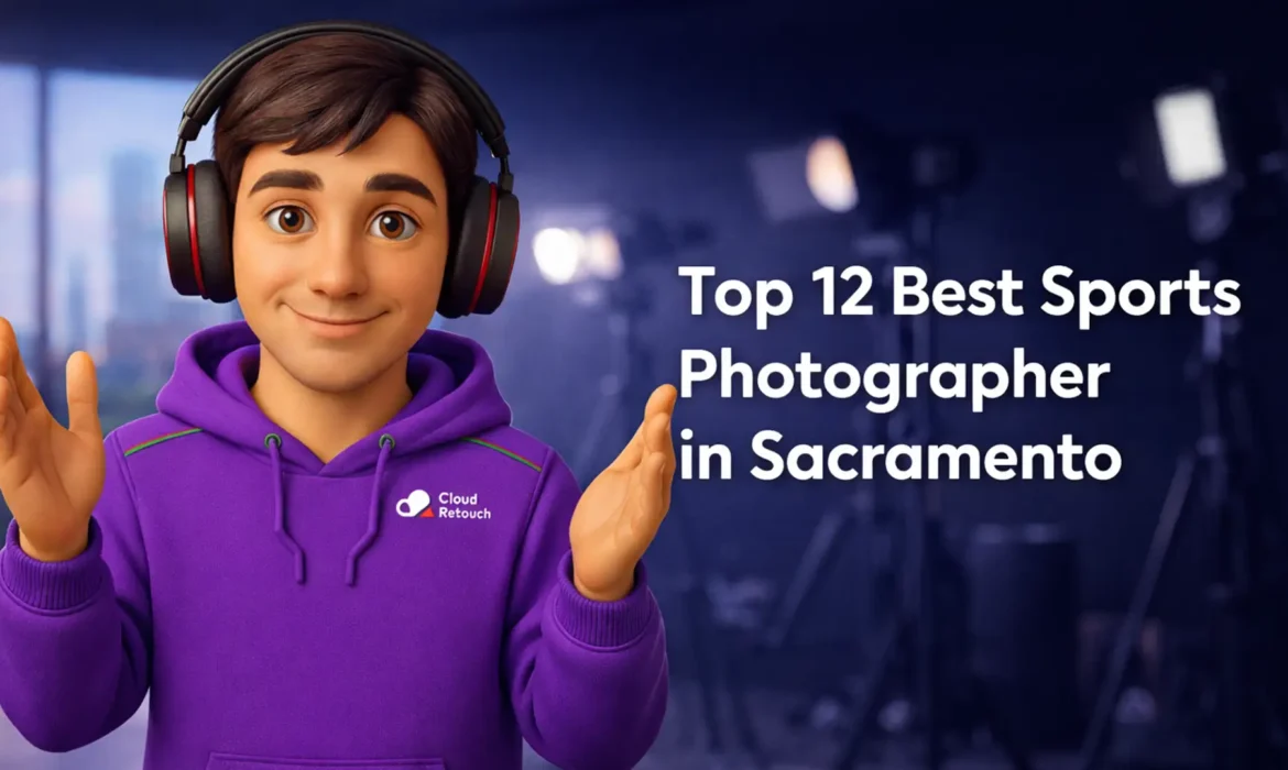 CloudRetouch 3D character in purple hoodie with headphones in a New York City studio setting.