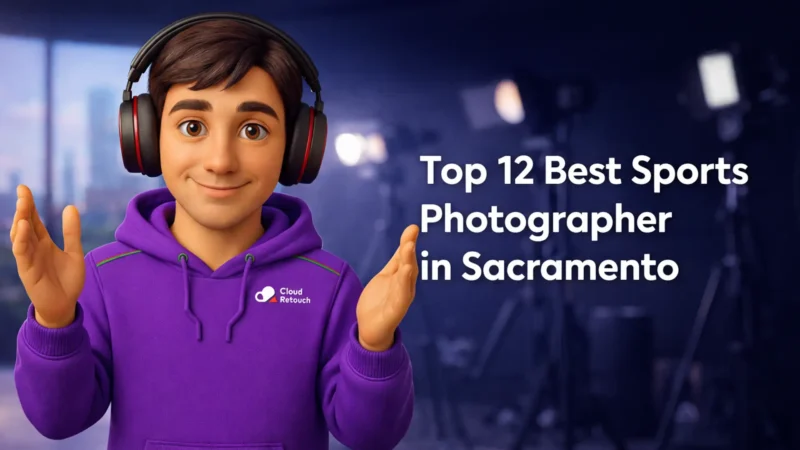 CloudRetouch 3D character in purple hoodie with headphones in a New York City studio setting.