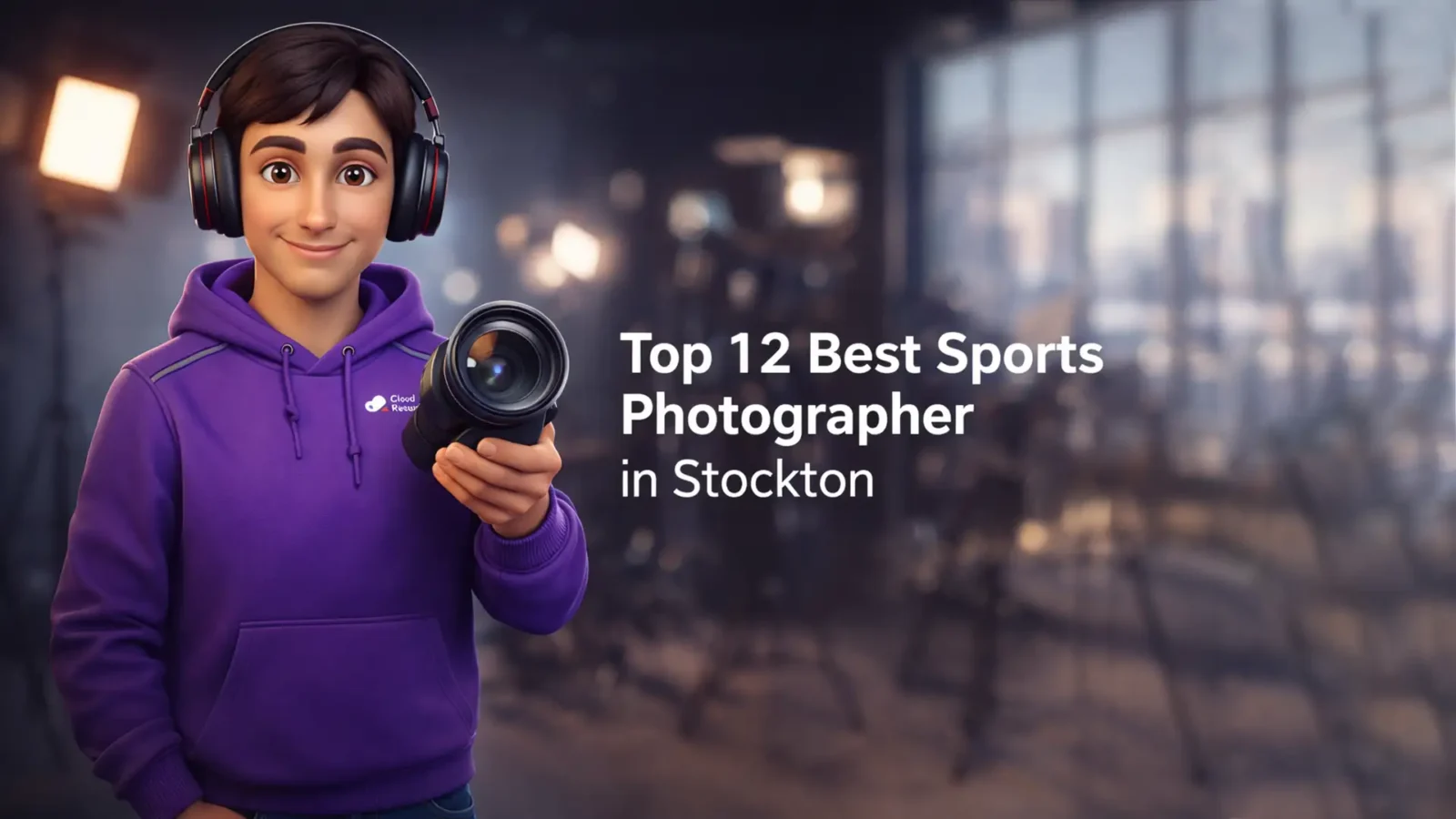 CloudRetouch 3D character holding a camera lens in a Stockton photography studio