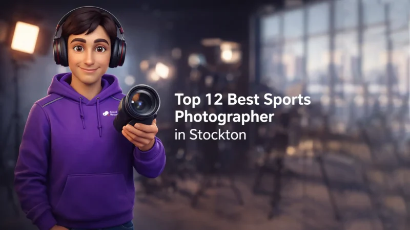 CloudRetouch 3D character holding a camera lens in a Stockton photography studio