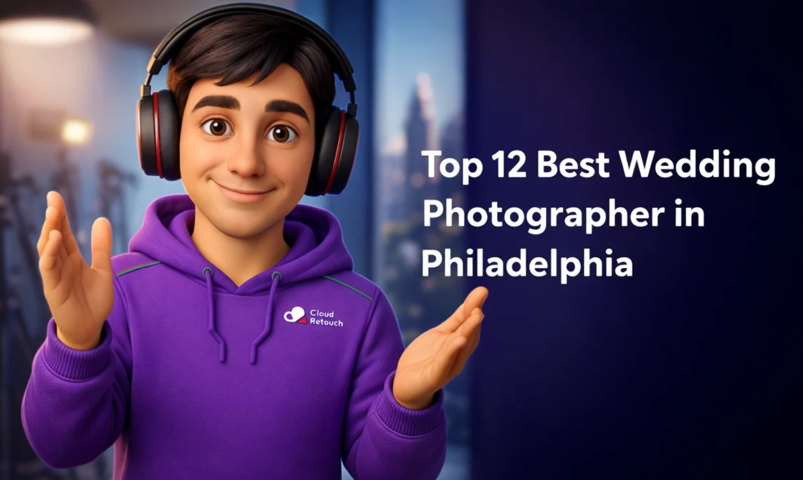 3D character in purple hoodie reviewing wedding photographer portfolios in a Philadelphia studio setting