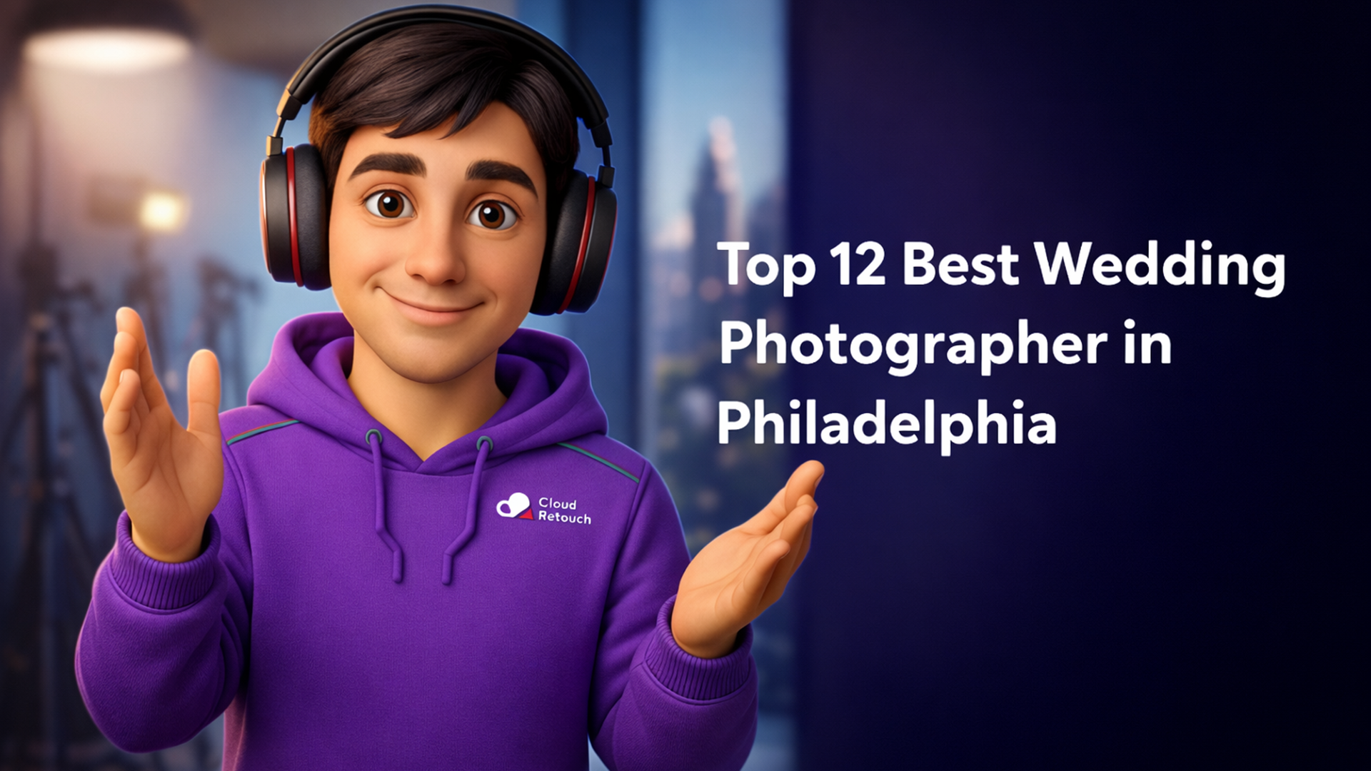 3D character in purple hoodie reviewing wedding photographer portfolios in a Philadelphia studio setting