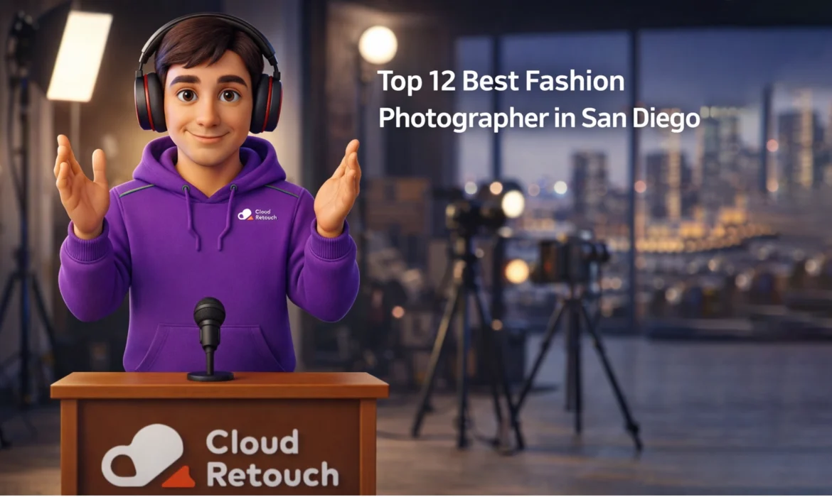 3D character in purple hoodie standing in a San Diego photography studio