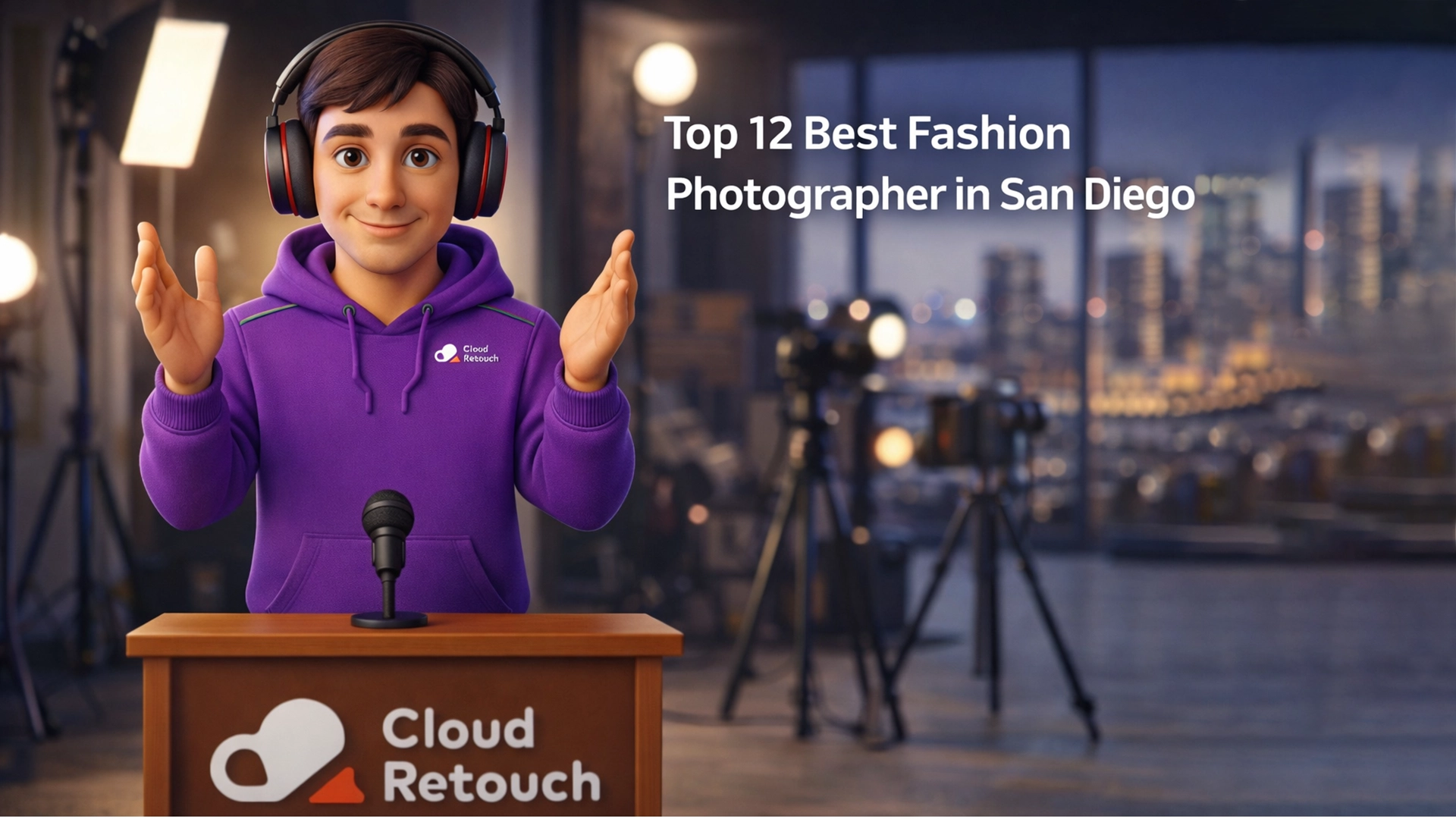 3D character in purple hoodie standing in a San Diego photography studio