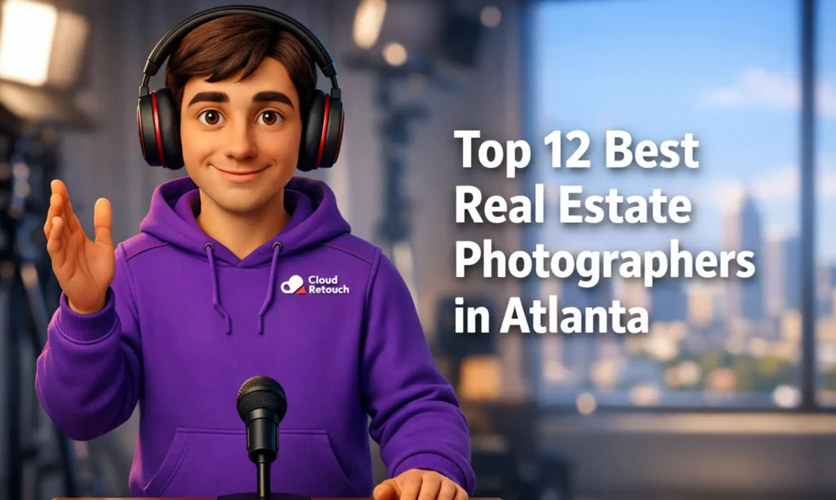 CloudRetouch 3D character in an Atlanta photography studio presenting real estate photography tips