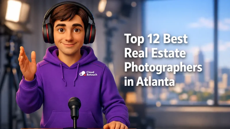 CloudRetouch 3D character in an Atlanta photography studio presenting real estate photography tips