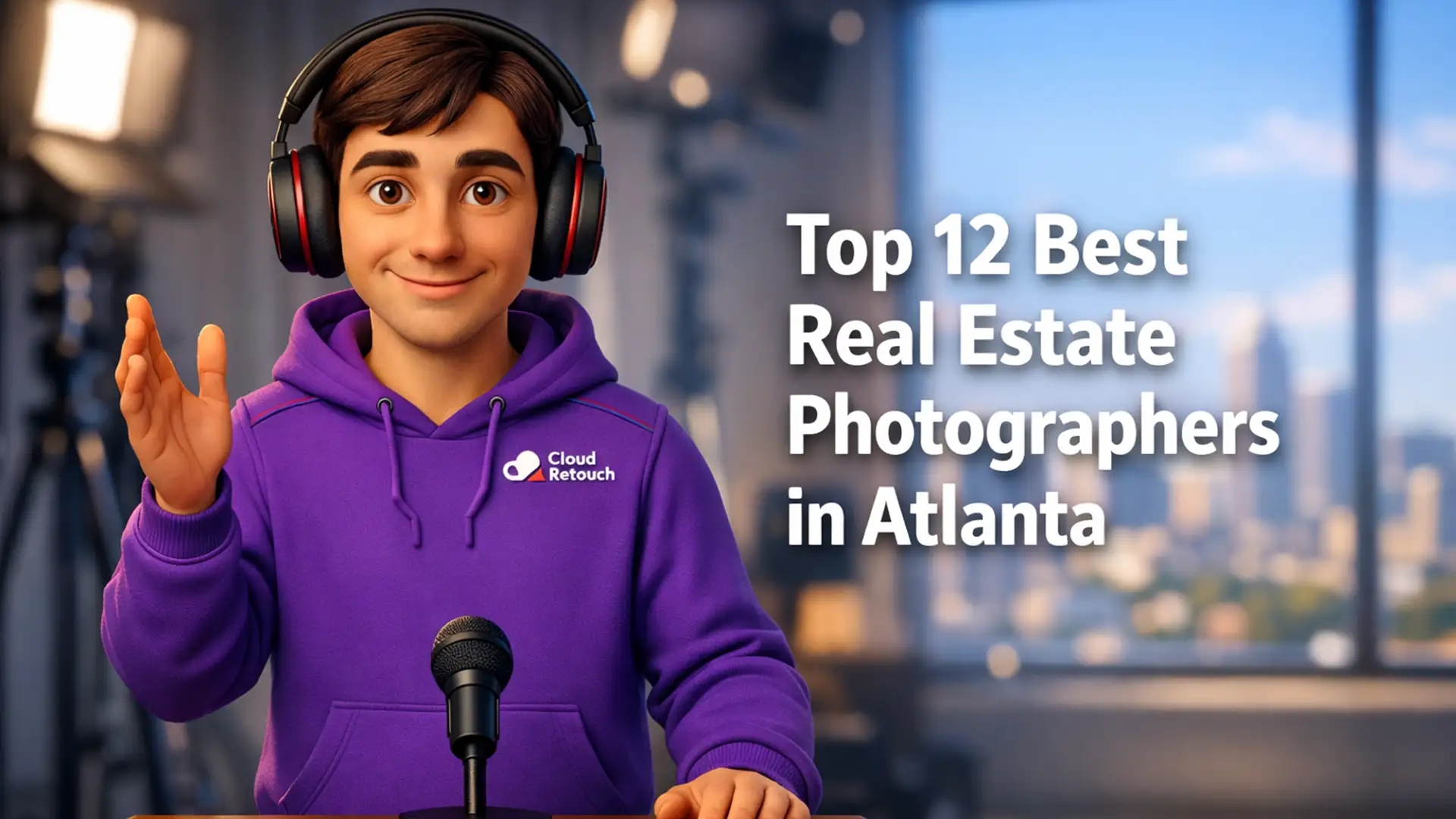 CloudRetouch 3D character in an Atlanta photography studio presenting real estate photography tips