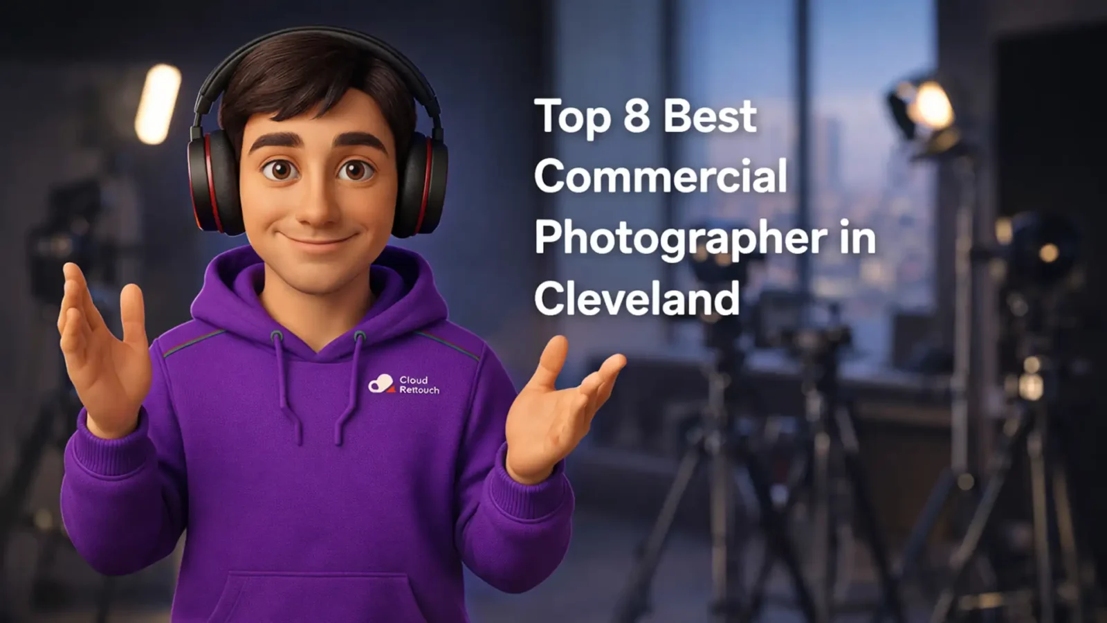 3D CloudRetouch character in a Cleveland photography studio wearing a purple hoodie and headphones.