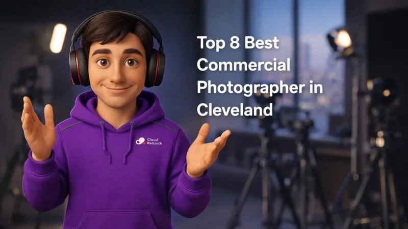 3D CloudRetouch character in a Cleveland photography studio wearing a purple hoodie and headphones.