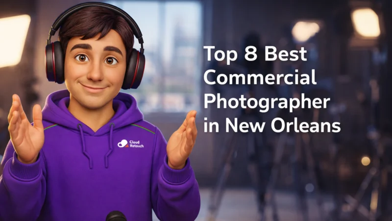 3D Pixar-style male character in a purple CloudRetouch hoodie and headphones in a New Orleans photography studio.