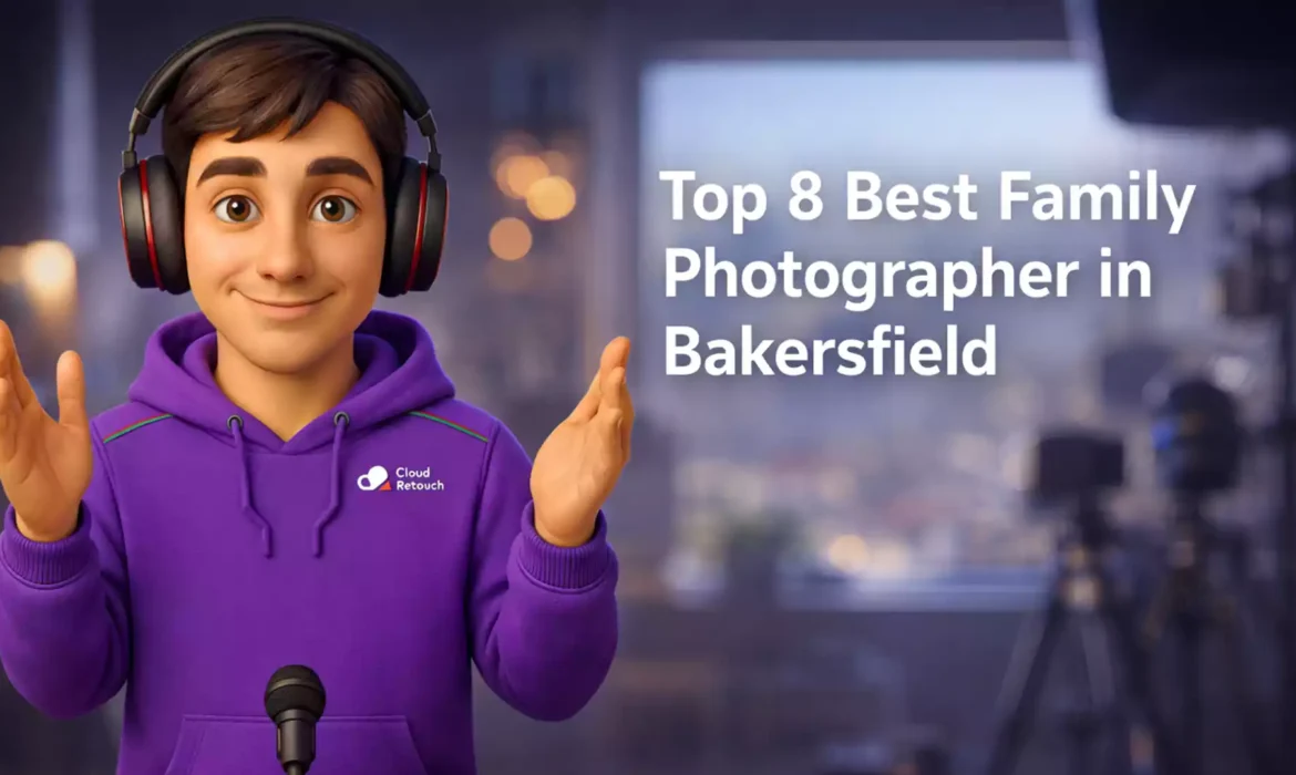 3D CloudRetouch character in a Bakersfield photography studio wearing a purple hoodie and headphones.