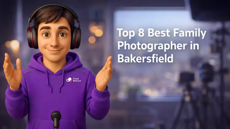 3D CloudRetouch character in a Bakersfield photography studio wearing a purple hoodie and headphones.