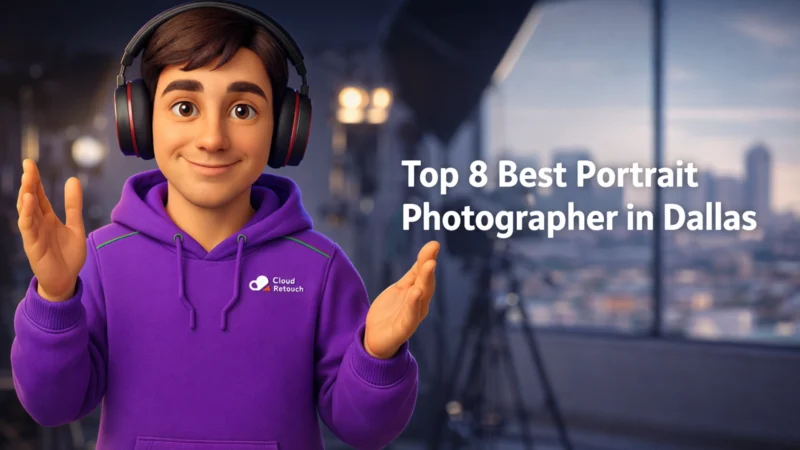 3D Pixar-style male character in a purple hoodie and headphones standing in a Dallas photography studio.