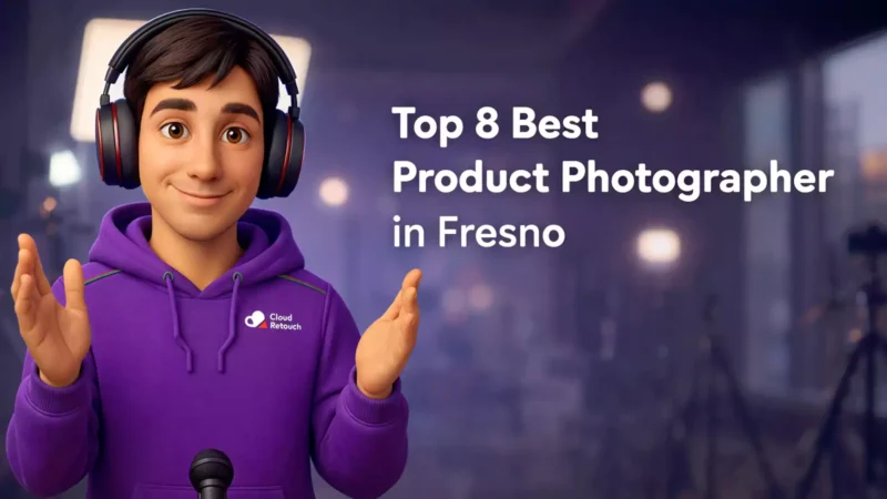 3D character in purple hoodie in a Fresno photography studio setting