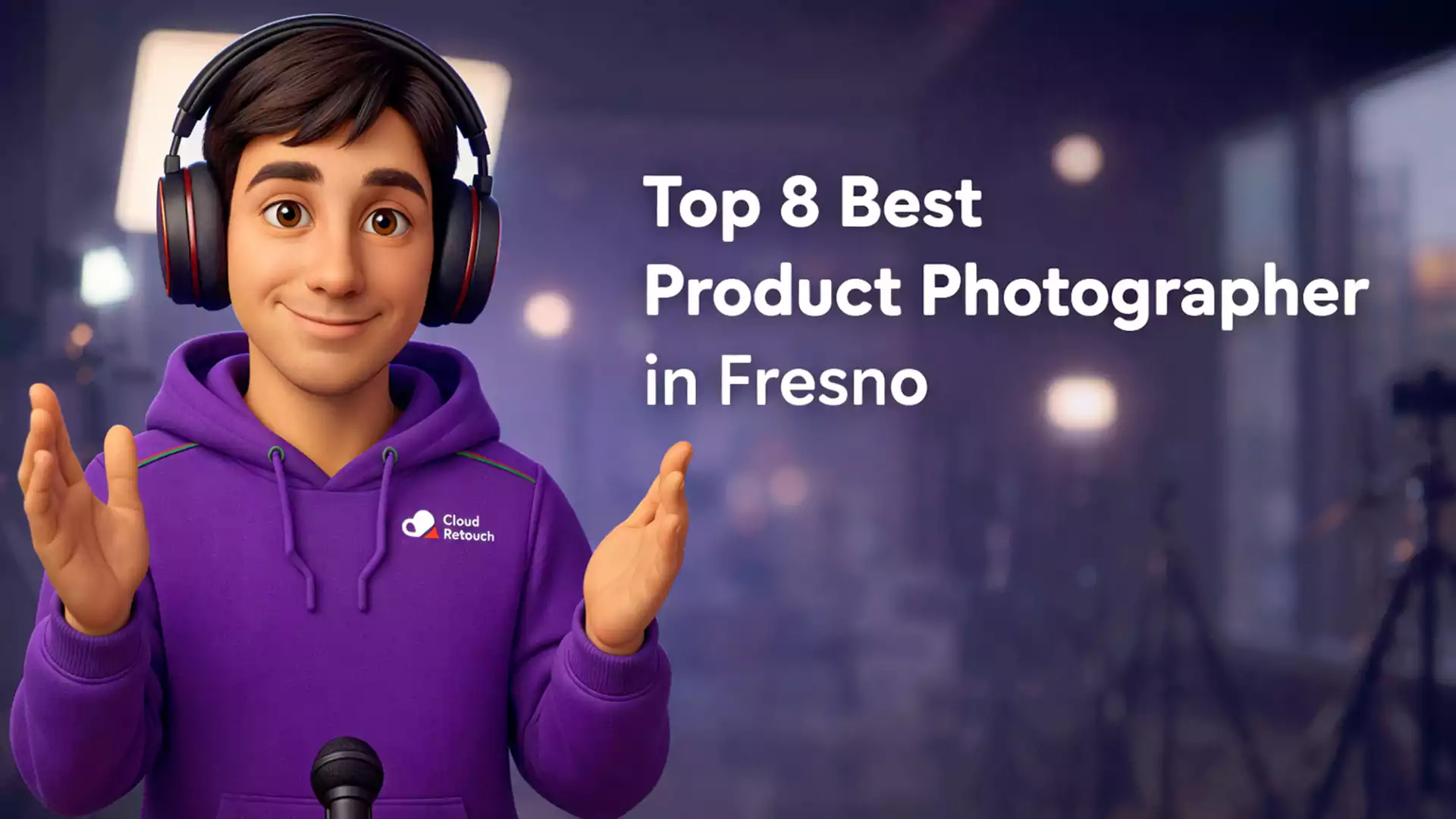 3D character in purple hoodie in a Fresno photography studio setting
