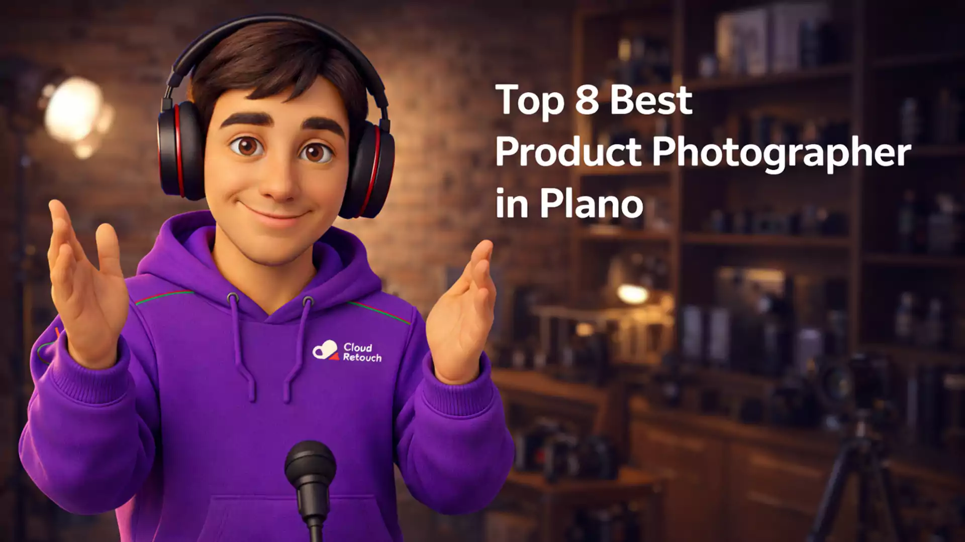 3D Pixar-style male character wearing a purple CloudRetouch hoodie and headphones smiling in a Plano photography studio setting